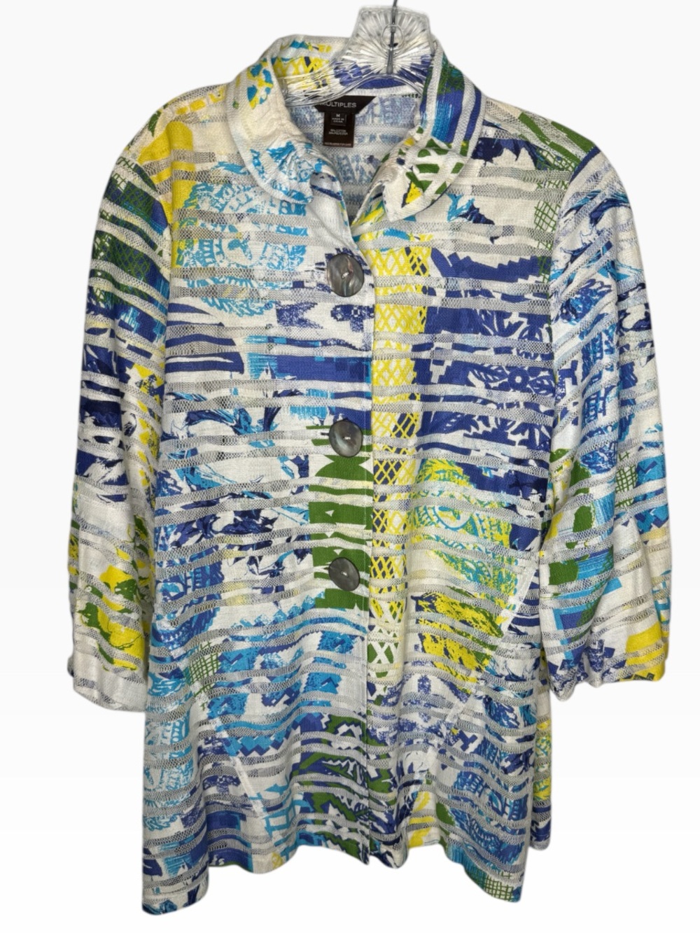 Multiples Blue Green Yellow White Patterned Mother of Pearl Button-Front Tunic